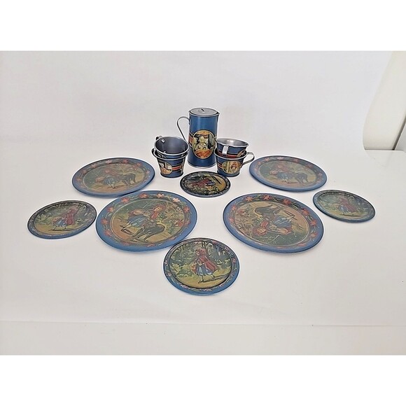 Children's Tin Litho Complete Tea Set of 4 Little Red Riding Hood Reproduction - Picture 1 of 11